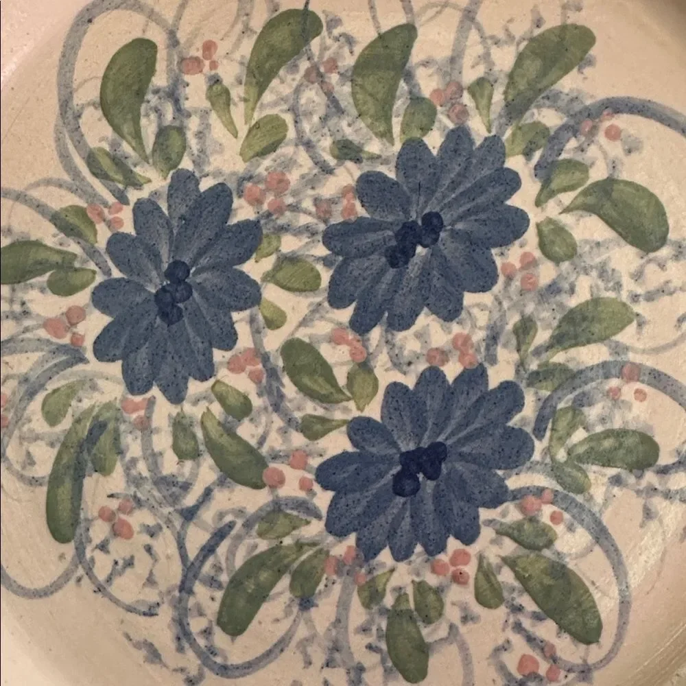 Plate Blue Spongeware Large Pottery Floral Pattern Deep Dish Large